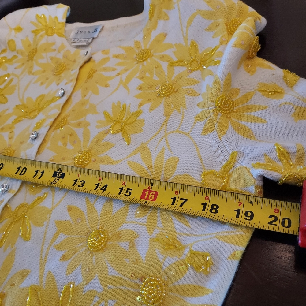 Beaded & Embroidered Yellow Flowered Cardigan Sweater By Just B. Sz. L. - Picture 11 of 13